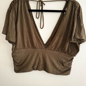 EARTHBOUND Olive V-Neck Tie-Back Crop Top